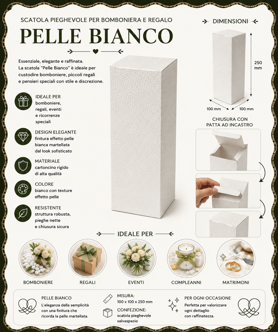 Pz 10 Scatola pelle bianco cm 10x10x25