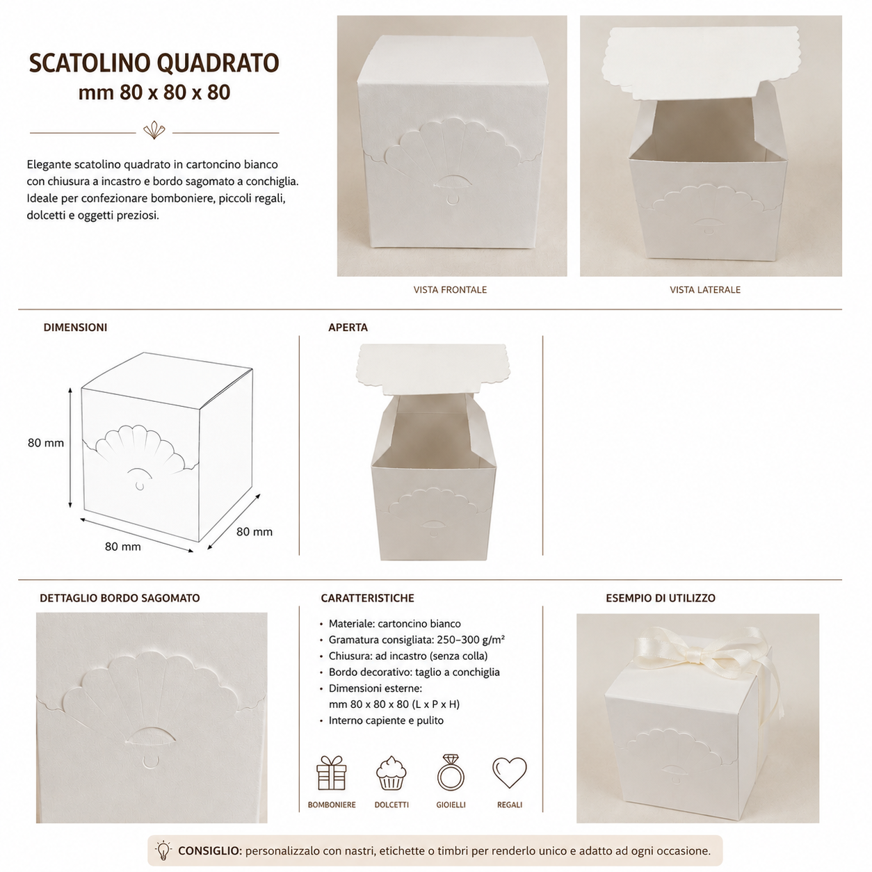 Pz 10 scatolina bianco crema mm 80x80x80