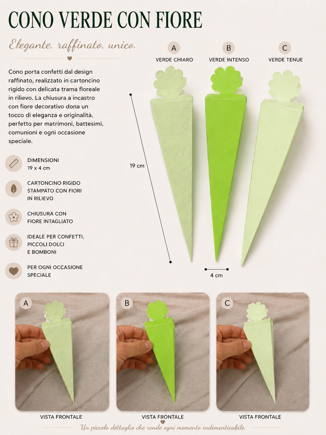 Cono porta confetti con fiore decorativo nelle varianti verde chiaro, verde intenso e verde tenue