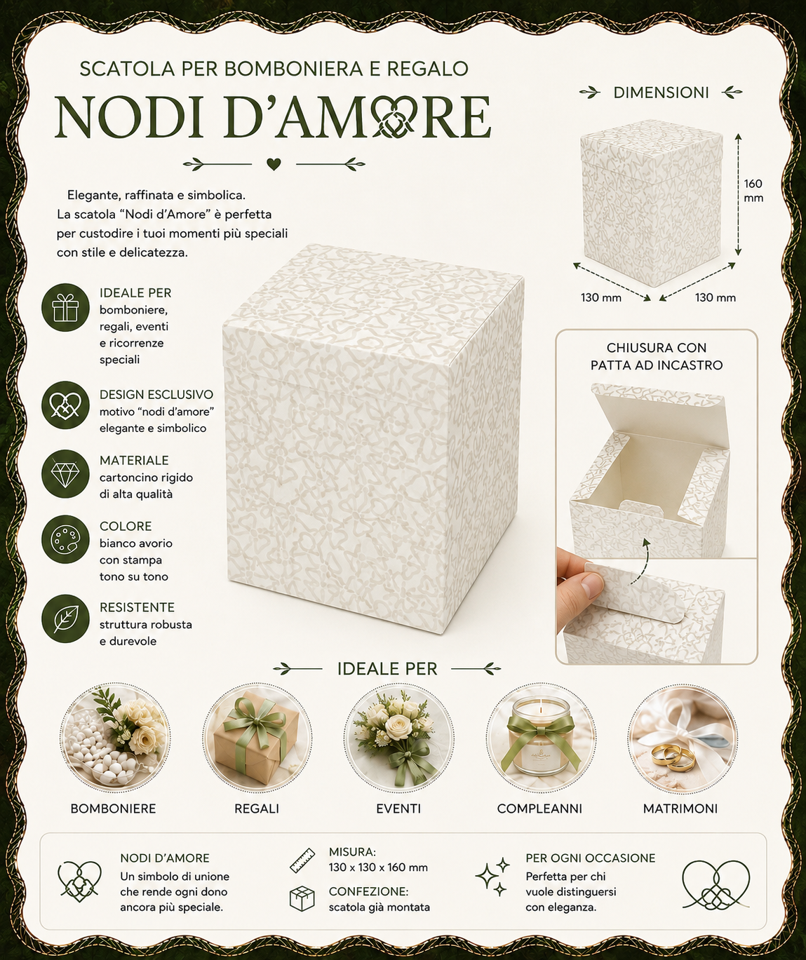 Pz 10 Scatola per Bomboniera e Regalo – cm 13x13x16 Nodi d'Amore