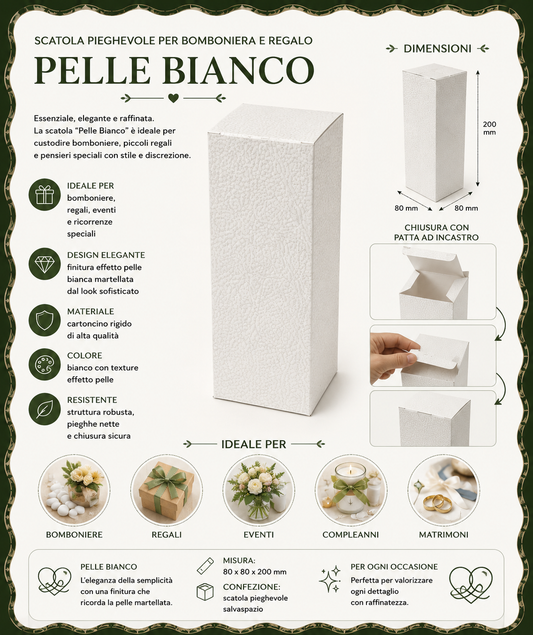 Pz 10 Scatola Pieghevole per Bomboniera e Regalo cm 8x8x20 – Pelle Bianco