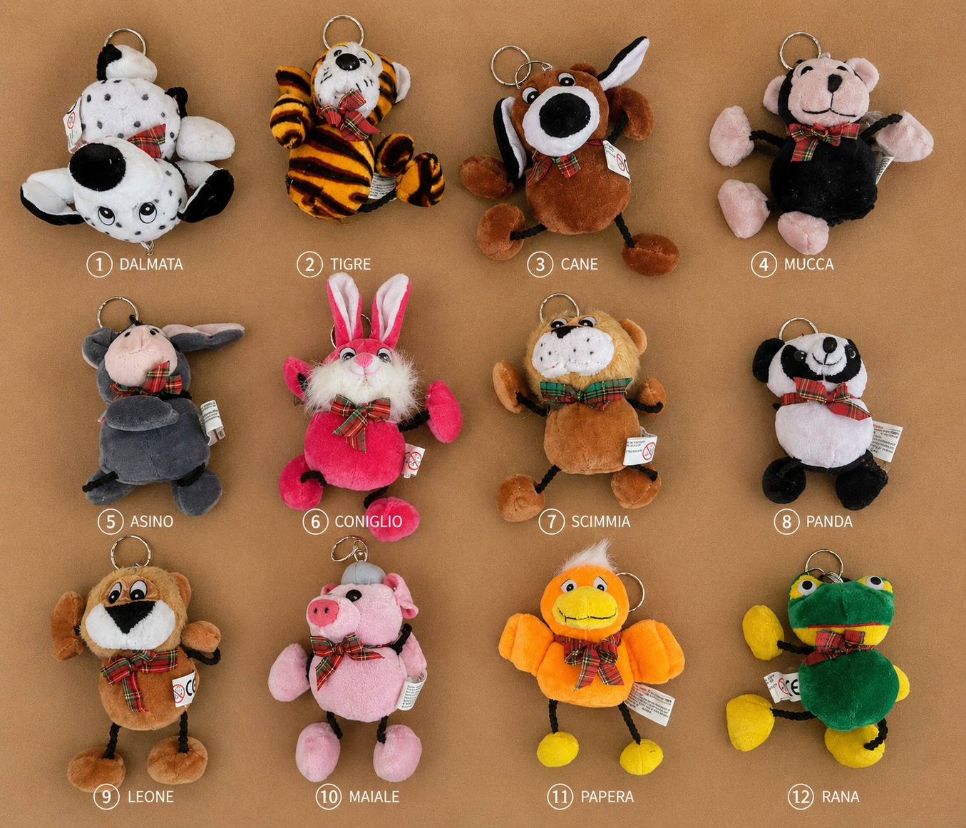 Pz 12 pelouche animali assortiti con portachiavi