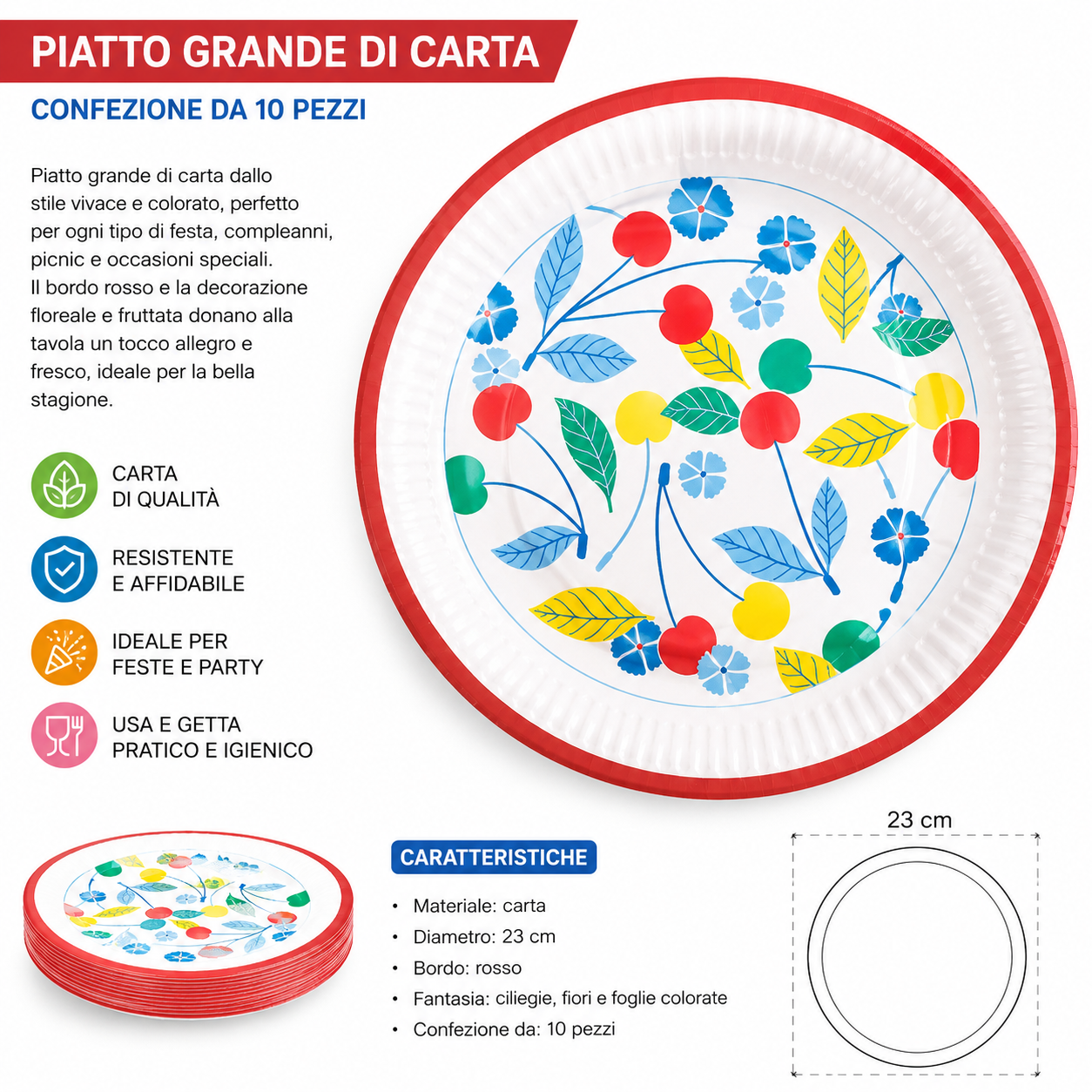 Piatti piani pz 10 ciliegie/foglie