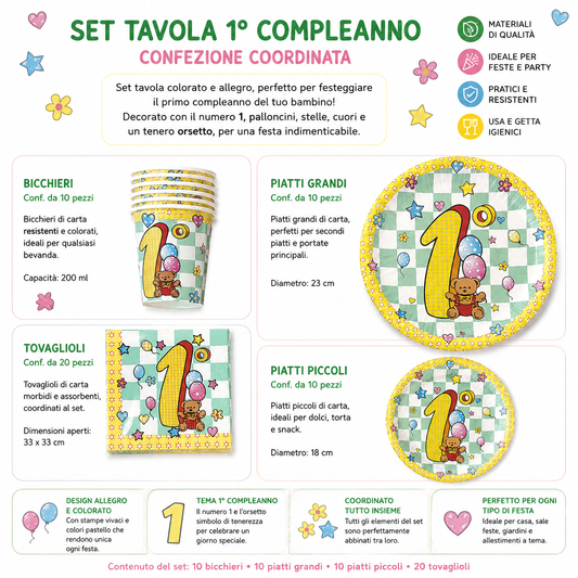 Set tavola coordinato primo compleanno con bicchieri, piatti e tovaglioli decorati con orsetto e numero 1