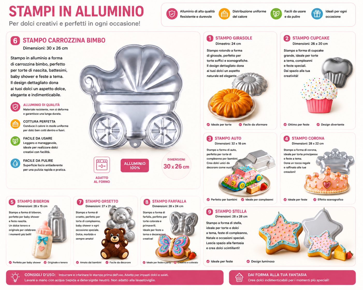 Stampi in Alluminio per Dolci – 9 Forme: carrozzina/auto/corona/stella/cup cake/girasole/farfalla/orsachiotto/biberon