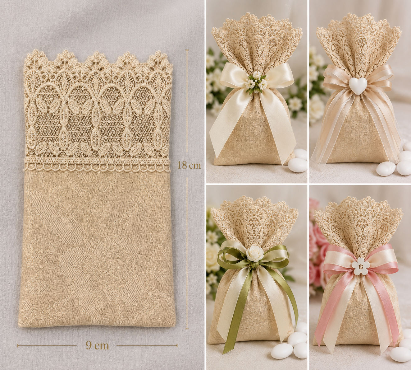 10 sacchetti porta confetti tessuto  col. Crema/champagne 9x18