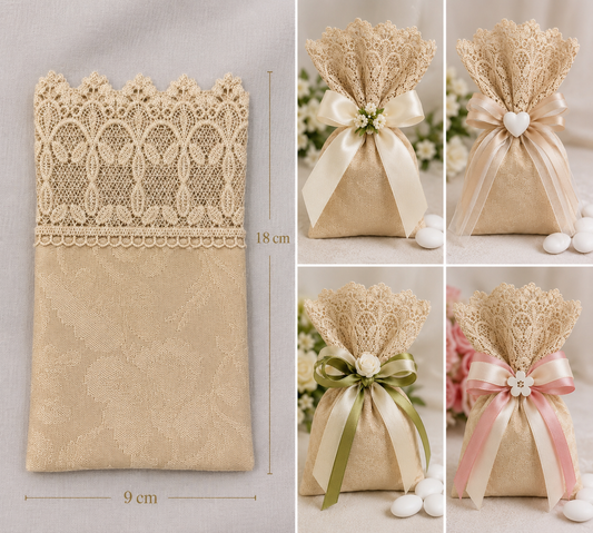 10 sacchetti porta confetti tessuto  col. Crema/champagne 9x18
