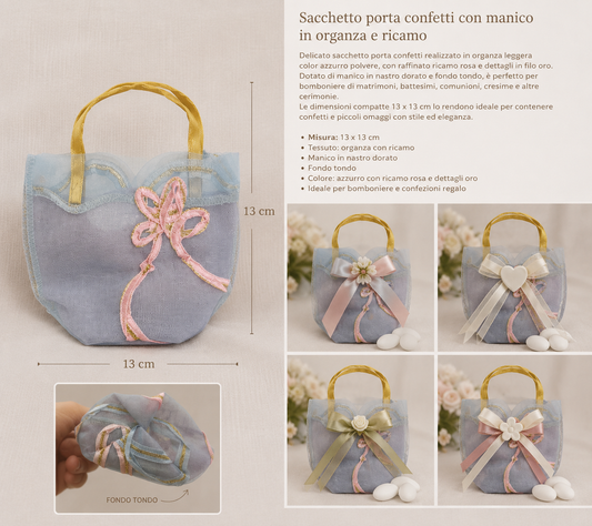 10 Sacchetti porta confetti con manico in organza e ricamo – Azzurro
