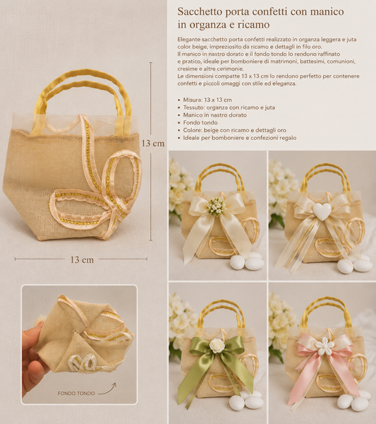 10 Sacchetti porta confetti con manico in organza e ricamo – Beige