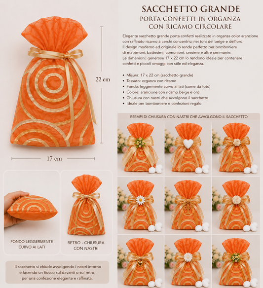 10 Sacchetti grandi porta confetti in organza con ricamo circolare – Arancione