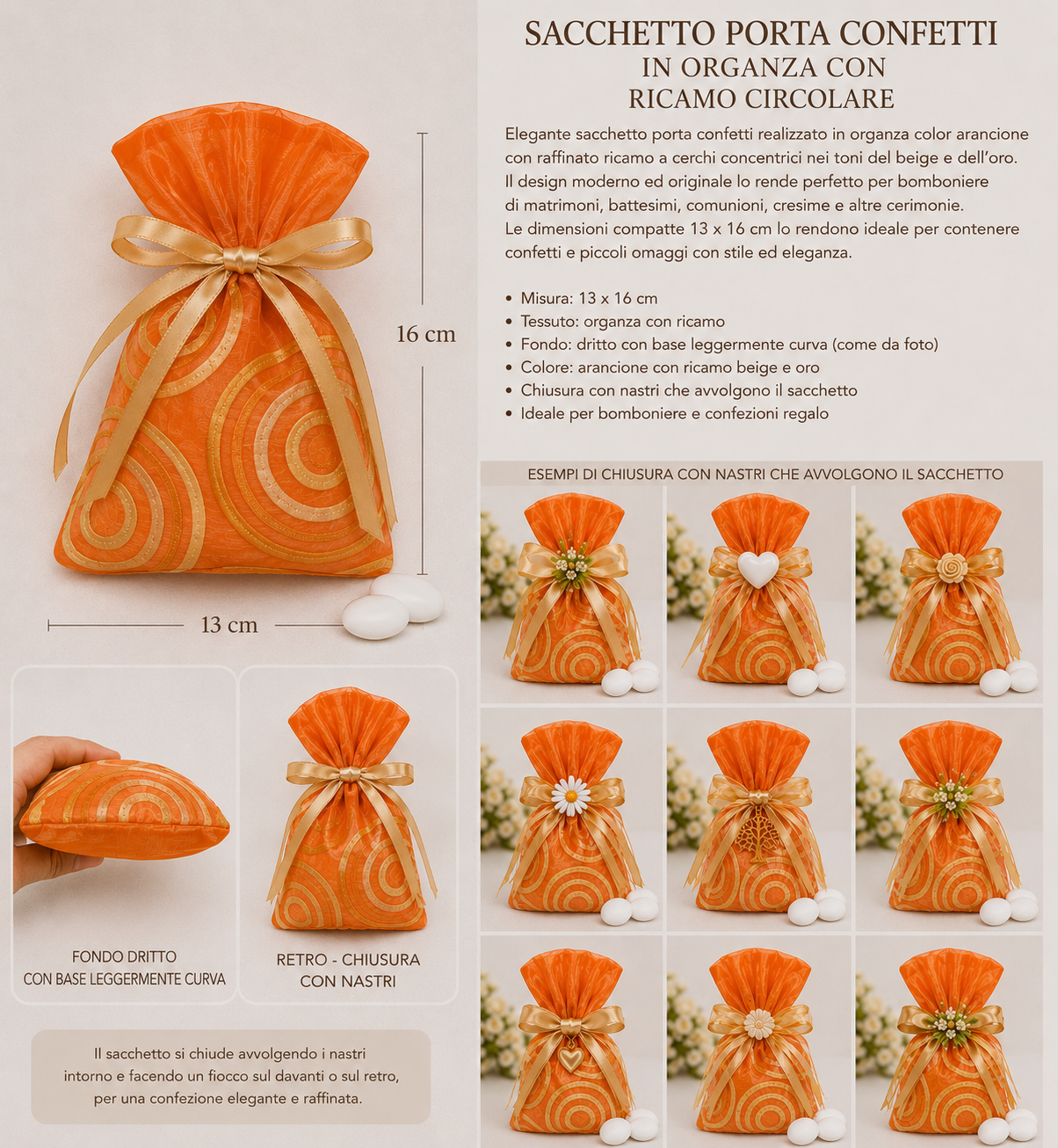 10 Sacchetti porta confetti in organza con ricamo circolare – Arancione