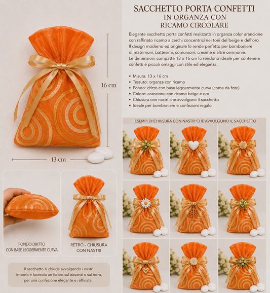 10 Sacchetti porta confetti in organza con ricamo circolare – Arancione