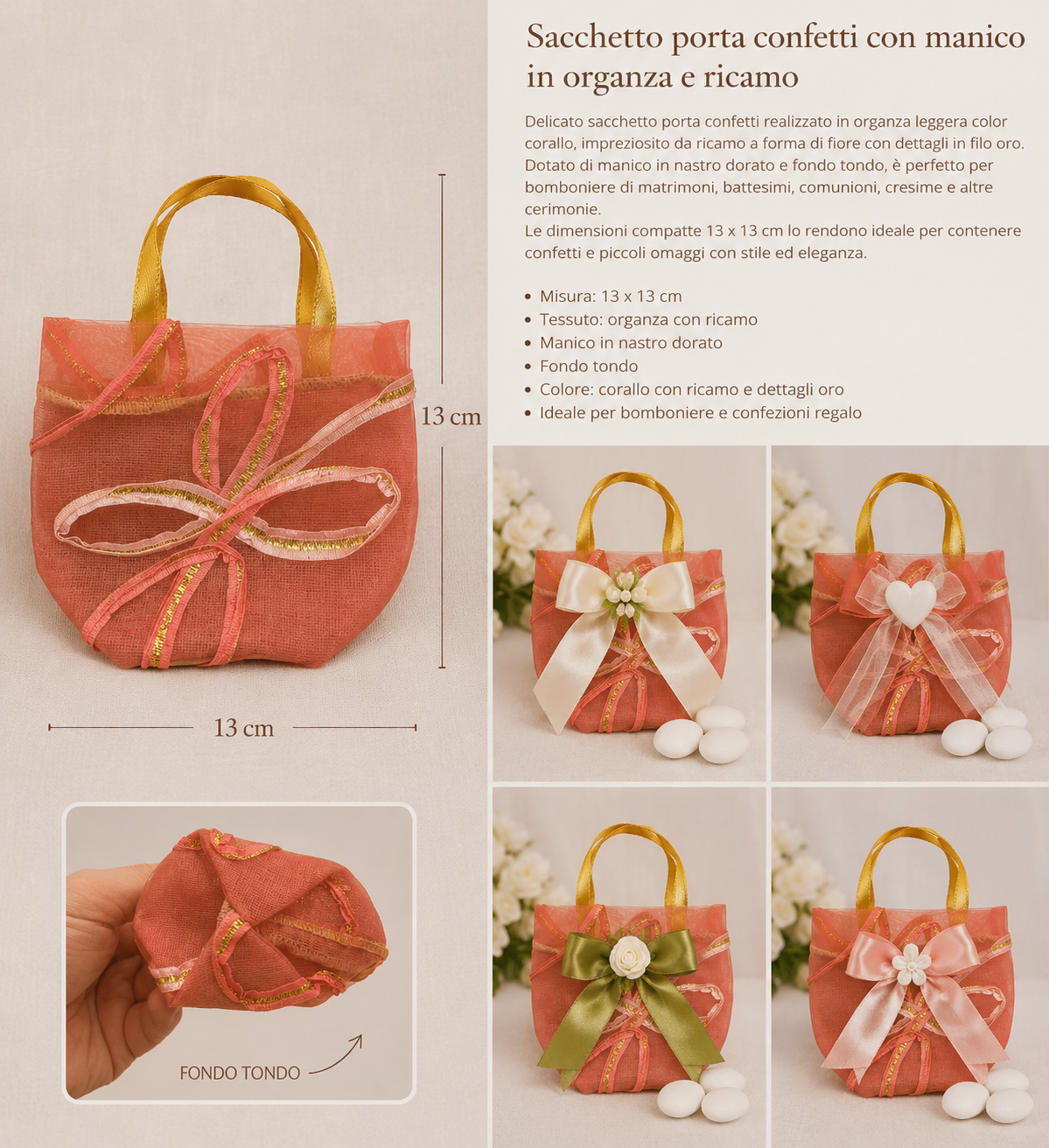 10 Sacchetti porta confetti ambra con manico in organza e ricamo