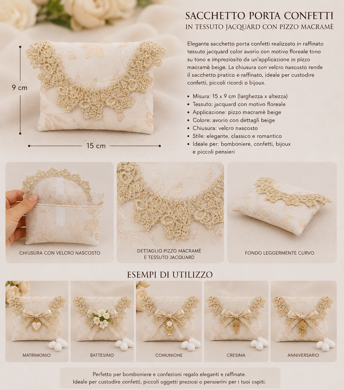 10 Sacchetti Porta Confetti in Tessuto Jacquard con Pizzo Macramè – Avorio – Confezione da 10 pz