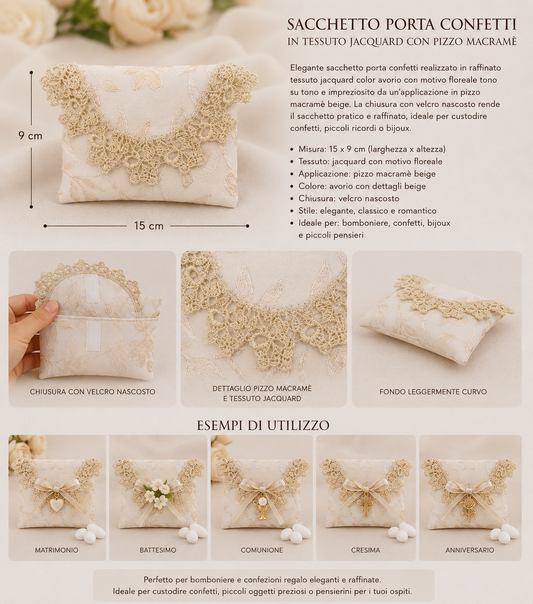 10 Sacchetti Porta Confetti in Tessuto Jacquard con Pizzo Macramè – Avorio – Confezione da 10 pz