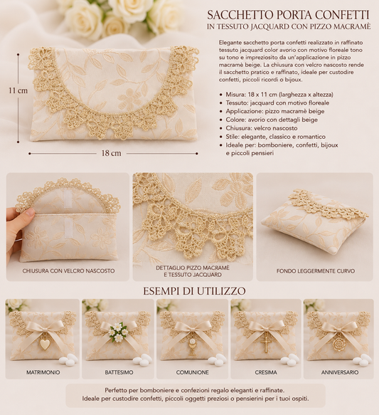 10 Sacchetti Grandi Porta Confetti in Tessuto Jacquard con Pizzo Macramè – Avorio – Confezione da 10 pz