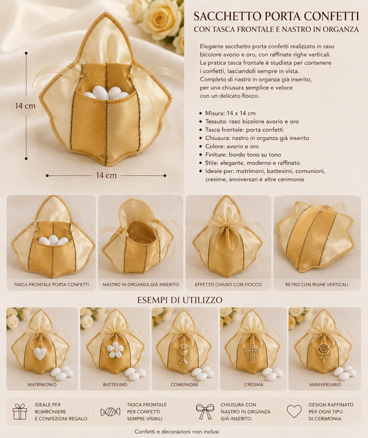 10 Sacchetti Porta Confetti Raso Avorio e Oro – Set da 10