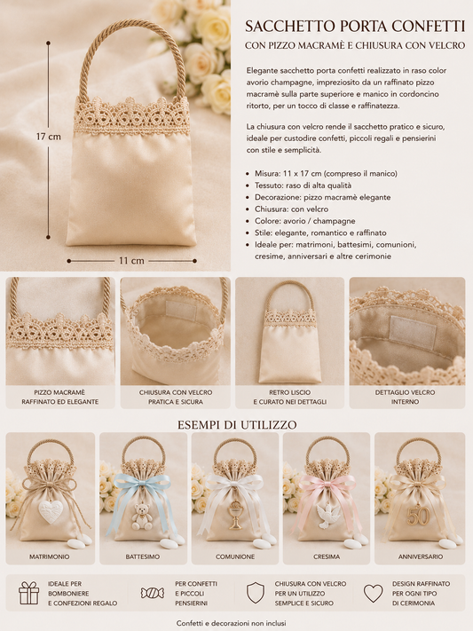 10 Sacchetti Porta Confetti con Pizzo Macramè e Velcro – Set da 10 pz