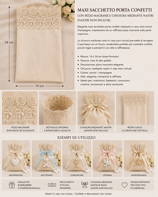 10 Maxi Sacchetti Porta Confetti con Pizzo Macramè – Set da 10 pz