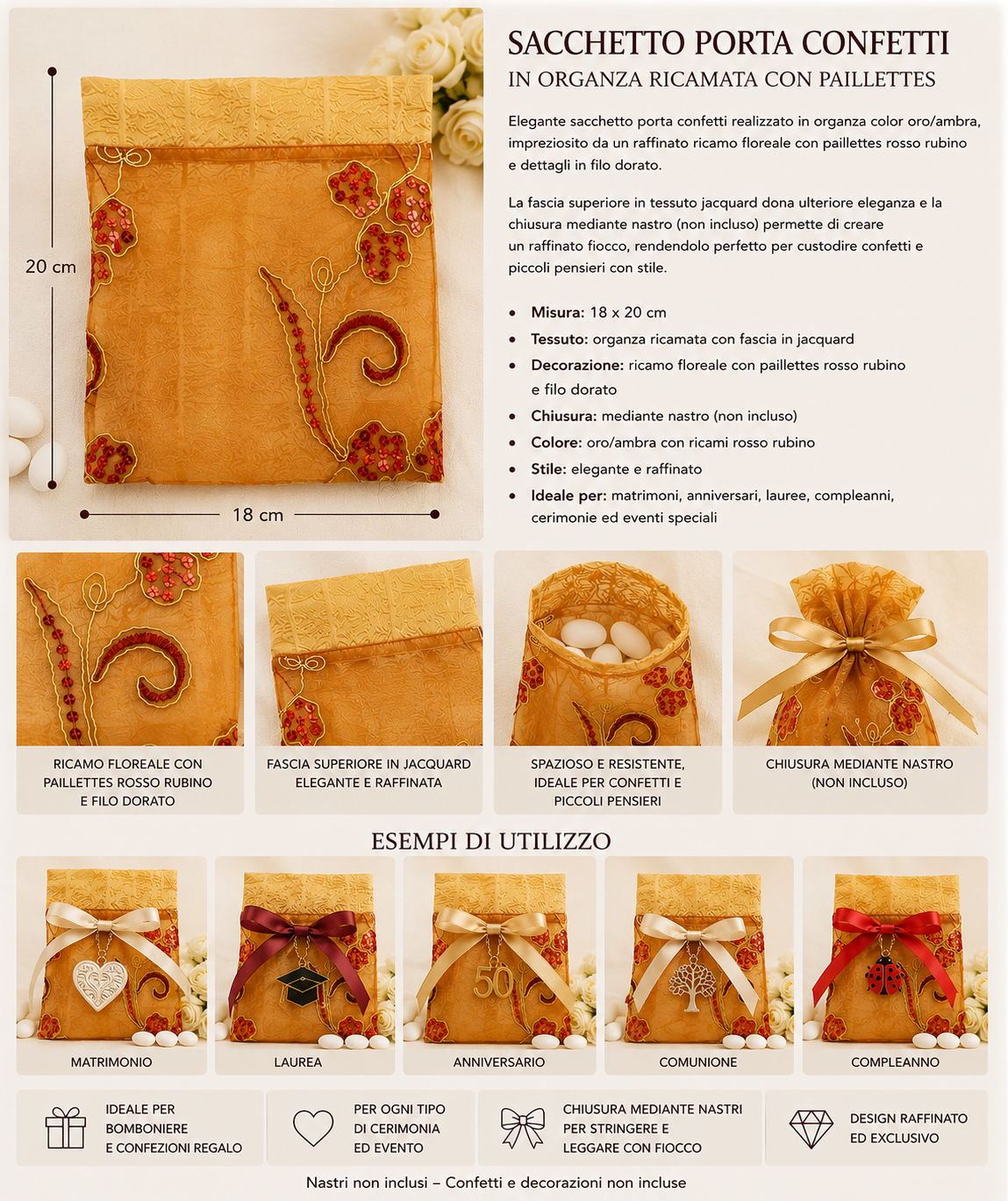 10 Sacchetti grandi Porta Confetti in Organza Ricamata con Paillettes –