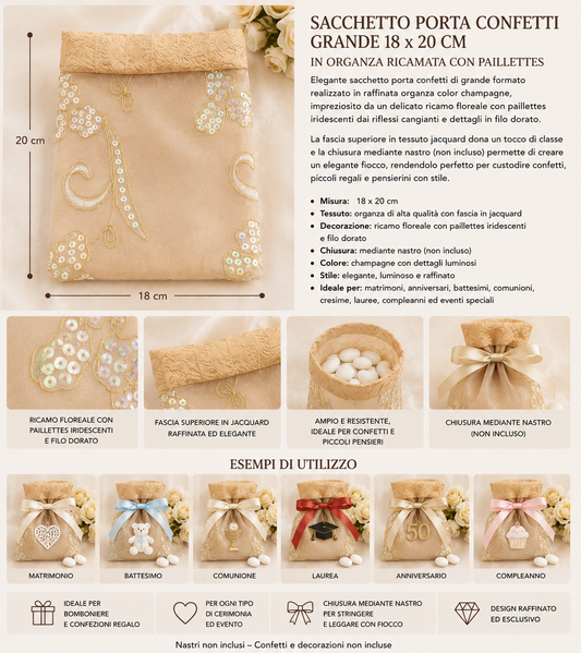 10 Sacchetti Porta Confetti Grande Champagne in Organza Ricamata con Paillettes –