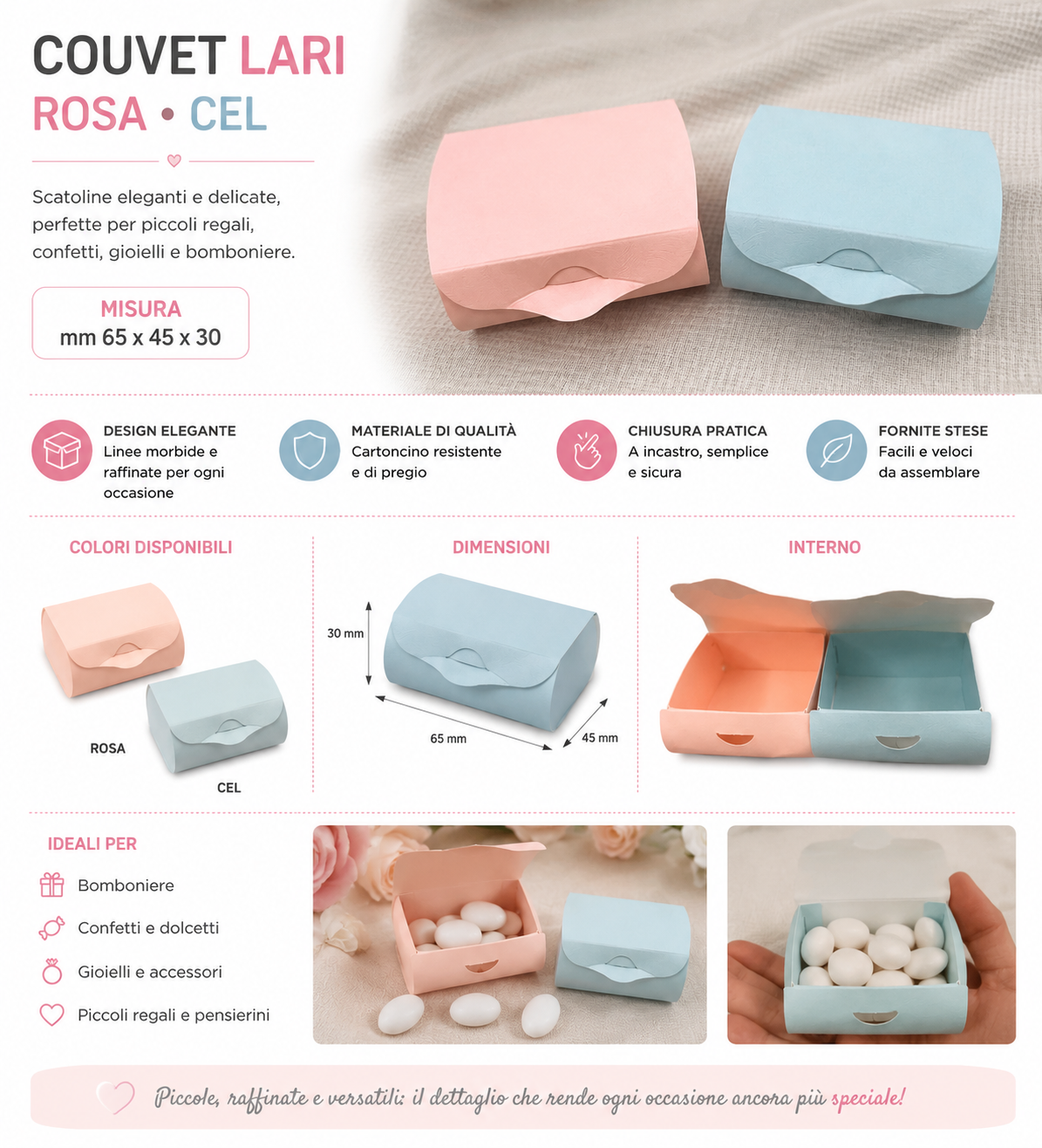 Pz 10 Couvet Lari  – Scatolina Elegante per Bomboniere Rosa e Cel