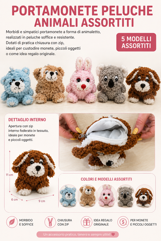 Pz 10 Portamonete portachiavi Peluche 5 Animali Assortiti