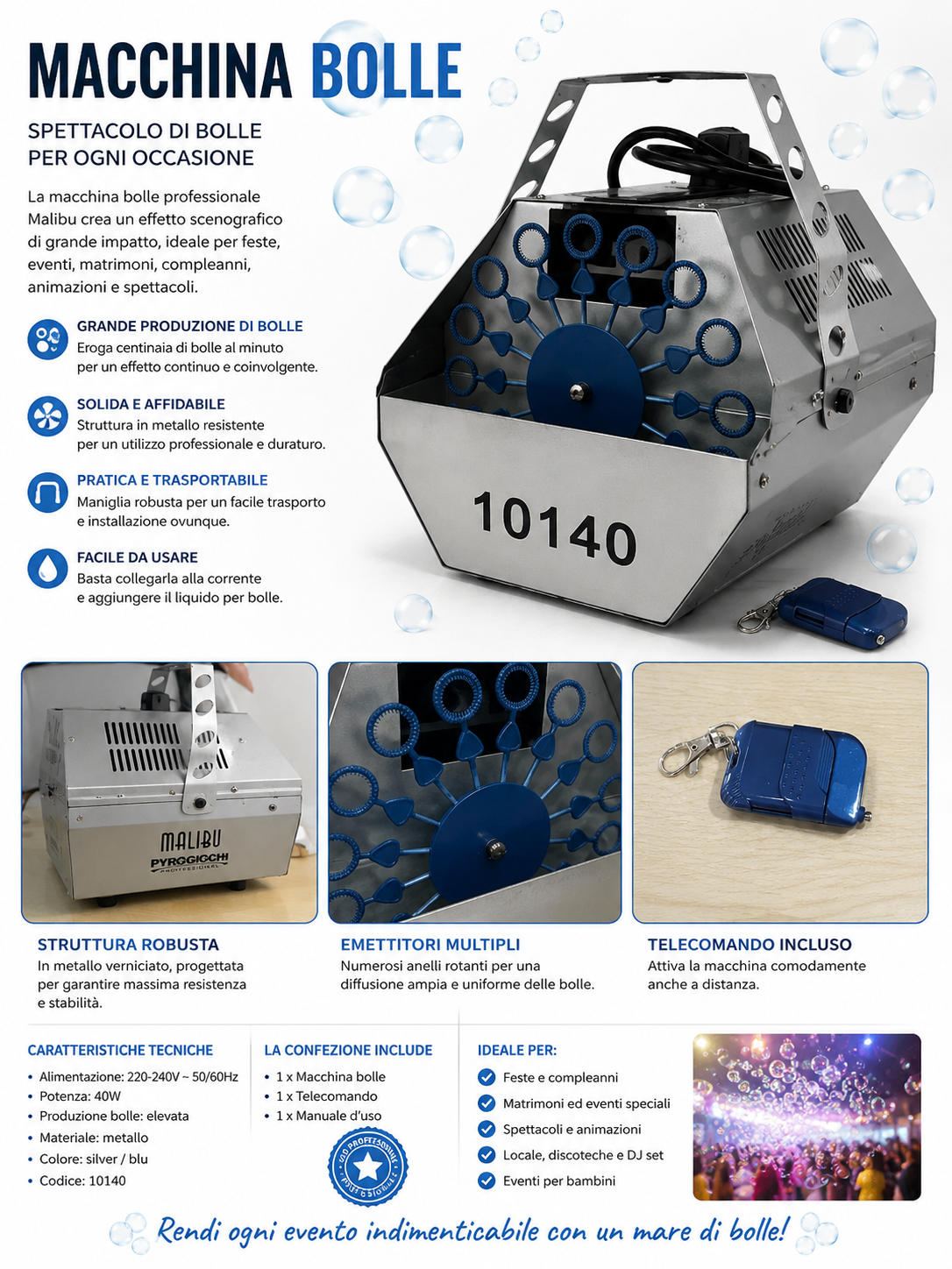 Macchina bolle professionale Malibu mod. 10140 in metallo silver e blu con telecomando incluso