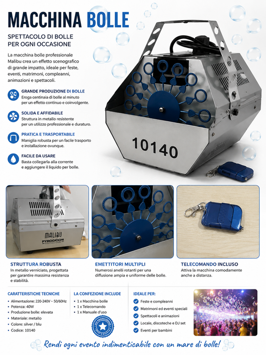 Macchina bolle professionale Malibu mod. 10140 in metallo silver e blu con telecomando incluso