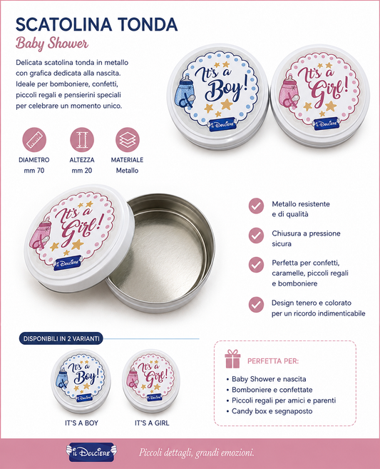 12 pz Scatolina latta Tonda Nascita /Baby Shower